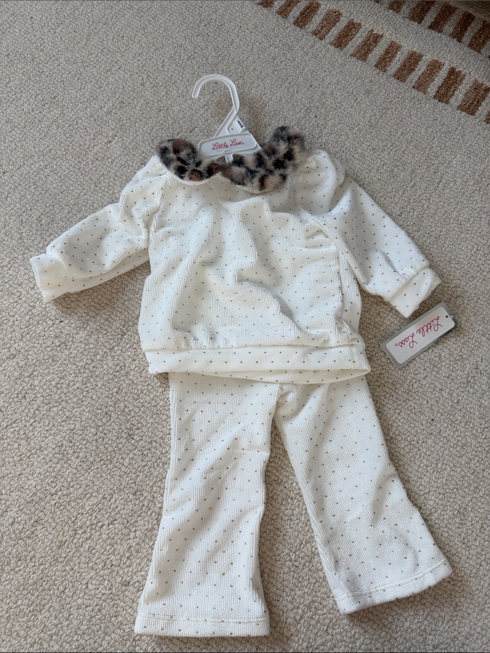 Little Lass Cream Polka Dot Set with Faux Leopard Collar